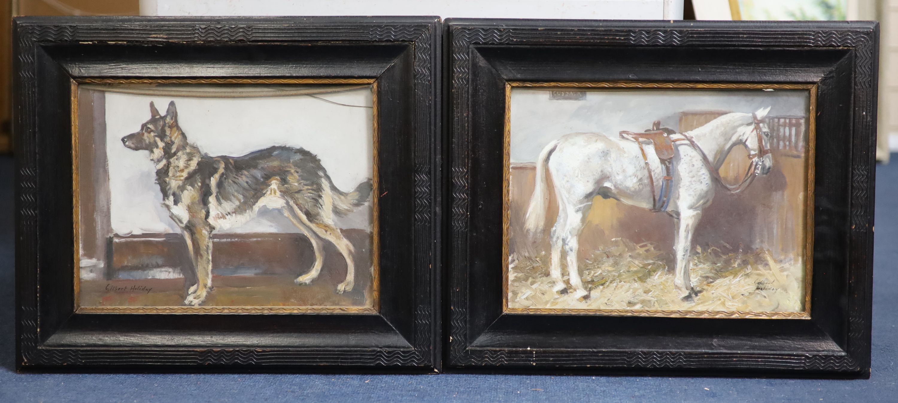 Gilbert Holiday (1879-1937), Portraits of an Alsatian and a Dapple grey horse 'Cossack', pair of oils on card, 24 x 32 cm.